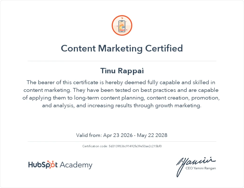hubspot content marketing certificate by digital marketing expert in thrissur