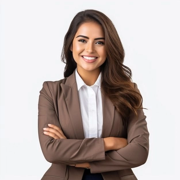 a woman with a professional costume standing in a pose with a smile on her face because she is a happy client of a digital marketing expert in thrissur