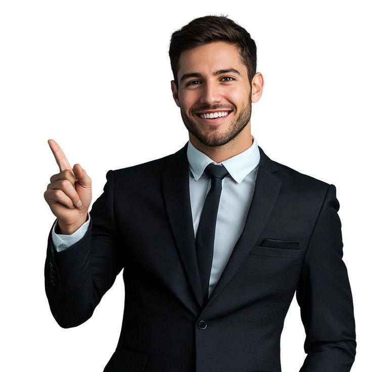 happy client of a digital marketing expert in thrissur wearing a black suit and a smile on his face