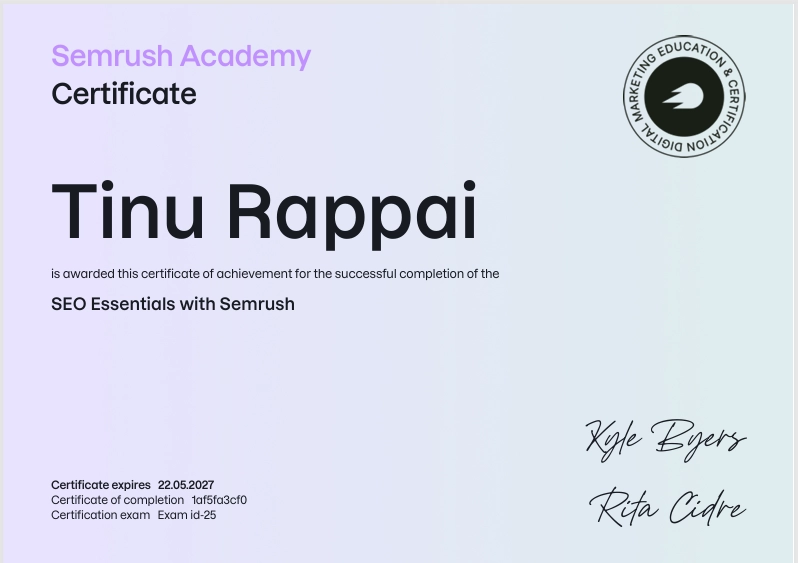 semrush cerificate by digital marketing expert in thrissur