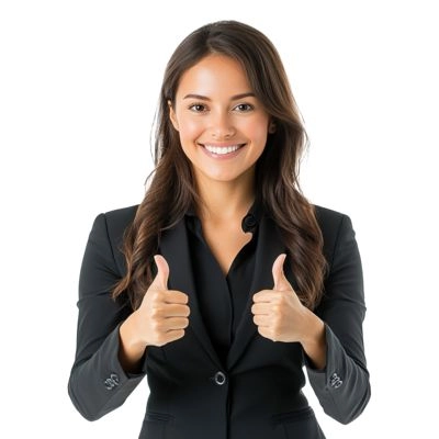a woman with a black suite standing in a pose with a smile on her face because she is a happy client of a digital marketing expert in thrissur