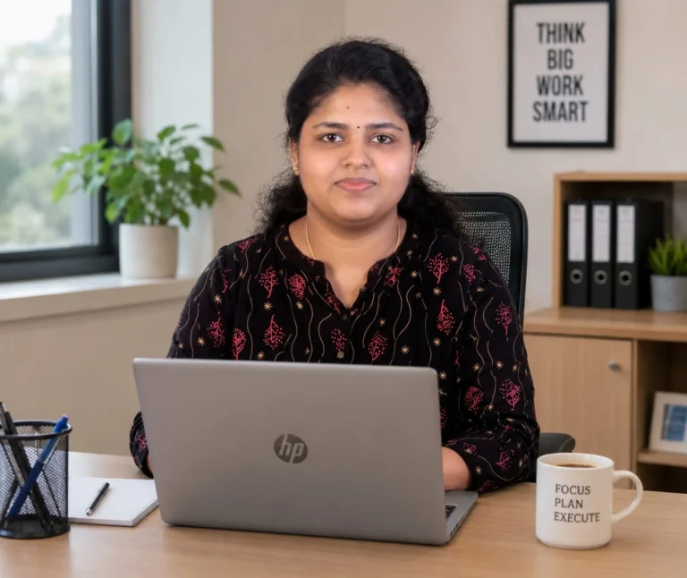 digital marketing expert in thrissur sitting in her office and working on laptop